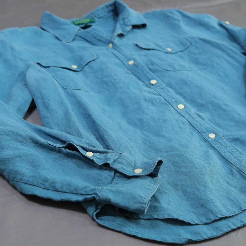 Lauren Ralph Lauren Shirt Womens PL Blue 100% Linen Button Down Roll Up Sleeves - Picture 6 of 10